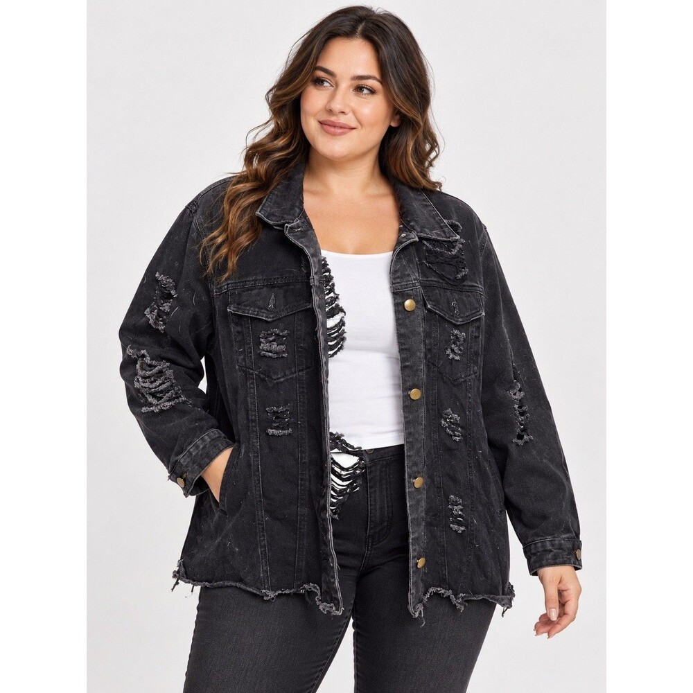 SHEIN 3XL Black Distressed Ripped Denim Jacket Raw Hem Grunge E